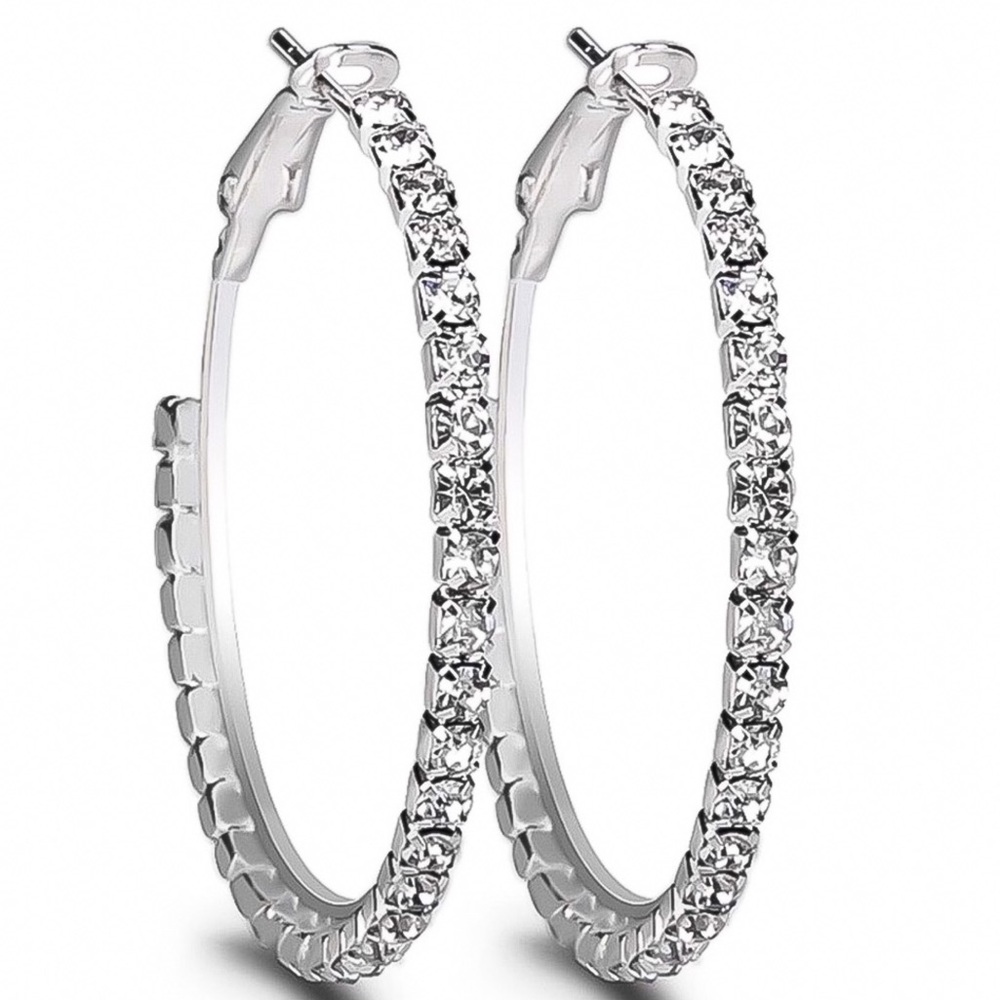 Silver & Crystal 2” Hoop Earrings - Picture 4 of 8